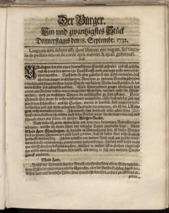 Ein und zwanzigstes Stück Donnerstages den 18. Septembr. 1732.