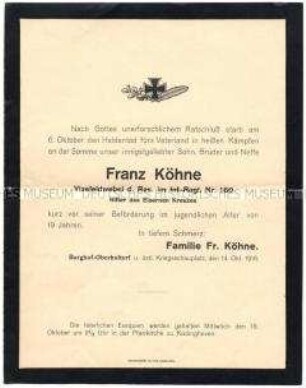 Todesanzeige für den an der Somme gefallenen Vizefeldwebel Franz Köhne - Personenkonvolut