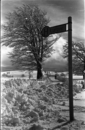 Halde (Hofsgrund): Kraftpost Haltestellenschild im Schnee