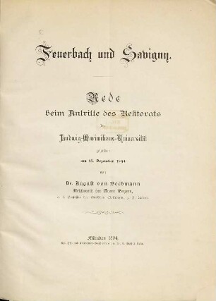 Feuerbach und Savigny : Rede beim Antritte des Rektorats der Ludwig-Maximilians-Universität gehalten am 15. Dezember 1894
