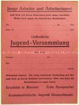 Blanko-Flugblatt der Kommunistischen Jugend Deutschlands zur Ankündigung einer Versammlung