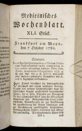 XLI. Stück. Frankfurt am Mayn, den 7 October 1780. - XLIV. Stück. Frankfurt am Mayn, den 28 October 1780.