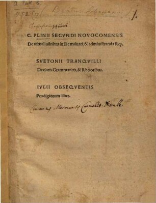 C. Plinii Secvndi Novocomensis De viris illustribus in Re militari, & administranda Rep.