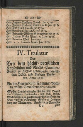 IV. Titulatur