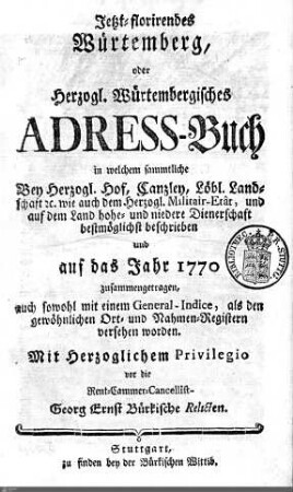 1770: Württembergisches Adressbuch, 1770