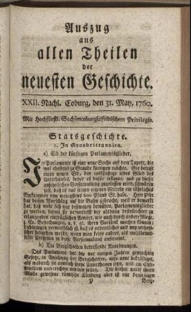 XXII. Nachl. Coburg, den 31. May. 1760.