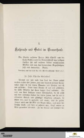 I. Ansprache und Gebet im Trauerhause