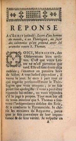 Réponse à l'Ecrit intitulé: Lettre d'un homme du monde ... au Sujet des calomnies ... contre S. Thomas