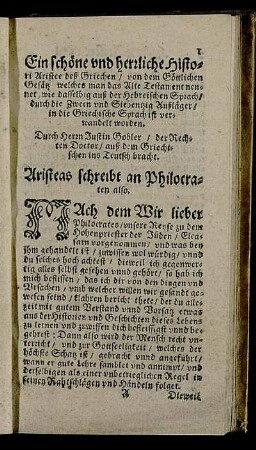 Ein schöne und herrliche Histori Aristee deß Griechen [...]