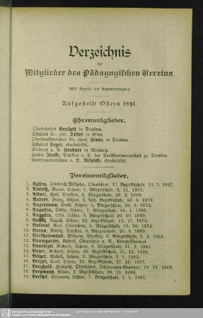 Verzeichnis der Mitglieder des Pädagogischen Vereins
