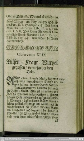 Observatio XLIX. Bilsen-Kraut-Wurtzel gegessen, verursachet den Todt