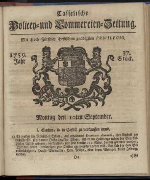 37. Stueck, Montag den 10ten September 1759