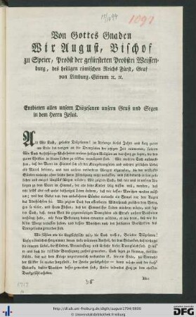 Von Gottes Gnaden Wir August, Bischof zu Speier ...