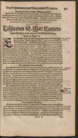 XXXVIII. Tischreden D. Mar: Luthers/ Von Christen/ und einem Christlichen Leben.