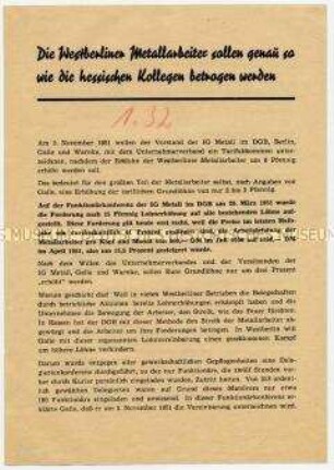 Aufruf der IG Metall im FDGB an Westberliner Metallarbeiter zum Kampf für leistungsgerechte Lohnerhöhung