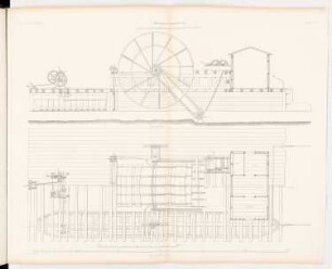 Stromkratzmaschine: Grundriss, Seitenansicht, Schnitt (aus: Atlas zur Zeitschrift für Bauwesen, hrsg. v. G. Erbkam, Jg. 15, 1865)