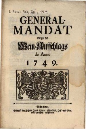 General-Mandat Wegen des Wein-Aufschlags de Anno 1749