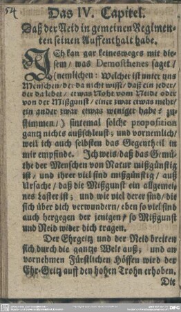 Das IV. Capitel. Daß der Neid in gemeinen Regimenten seinen Auffenthalt habe