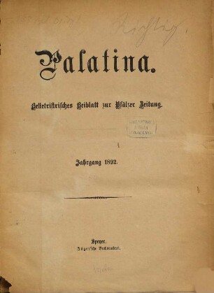 Palatina : Heimatblatt des Pfälzer Anzeigers. 1892