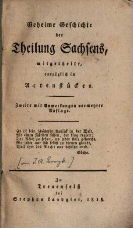 Geheime Geschichte der Theilung Sachsens : mitgetheilt vorzüglich in Actenstücken