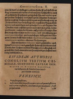 Eiusdem Authoris Consilium Tertium Criminale, Continens Causam Inuriarum Ac Minarum Magistratui factarum, & simul etiam inculpationem criminis Veneficii,