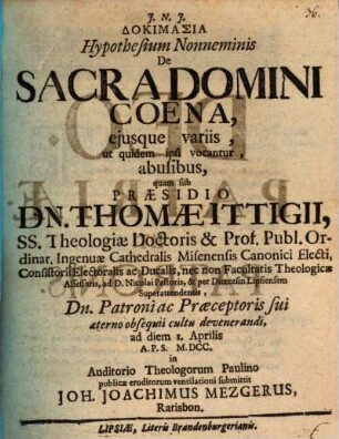 Dokimasia hypothesium Nonneminis de sacra Domini coena, eiusque variis, ut quidem ipsi vocantur, abusibus