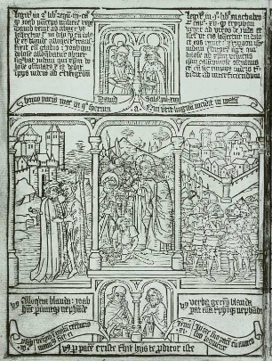 Blockbuchausgabe der Biblia pauperum : Jakob tötet Abner, Verrat des Judas, Triphon und Jonathan (Seite 21) aus: Blockbuchausgabe der Biblia pauperum. Dresden: SLUB Mscr.Dresd.g.152.d