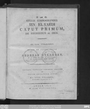 Operis Cosmographici Ibn El Vardi caput primum, de regionibus et oris