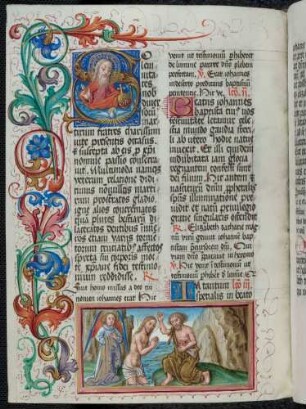 Bas-de-page-Miniatur: Taufe Christi; historisierte Initiale: S(olemnitates), Gottvater und Heiliger Geist; Rankenbordüre