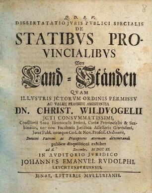 Dissertatio Jvris Pvblici Specialis De Statibvs Provincialibvs : = Von Land-Ständen