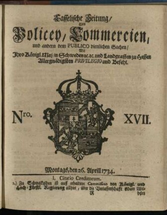 Nro. XVII, Montags, den 26. Aprill 1734