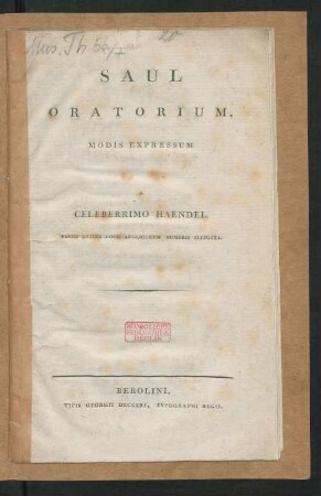 Saul : Oratorium, Modis Expressum