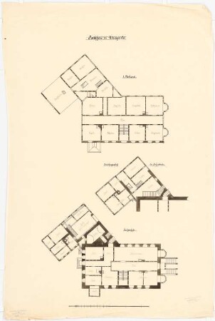 Rathaus, Wernigerode Umbau: Grundrisse Erdgeschoss, 1. Obergeschoss, Zwischengeschoss 1:100, baulicher Zustand ab 13. Jhdt. bis 1874