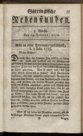 7. Woche. Den 14. Februar, 1778