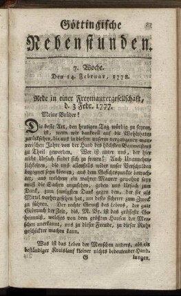 7. Woche. Den 14. Februar, 1778