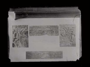 The Palace, House E. - Stucco ornament over the doorway in the eastern corridor. [and] Part of the painted inscription on the main wall of the western corridor. : Archaeology, Vol. IV., Plate 42.