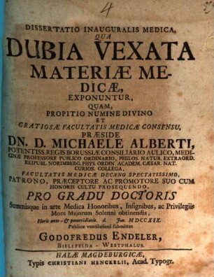 Diss. inaug. med. qua dubia vexata materiae medicae exponuntur
