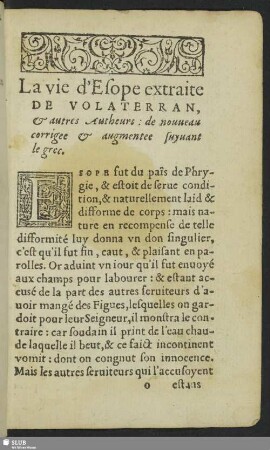 La vie d'Esope extraite De Volaterran, & autres Autheurs