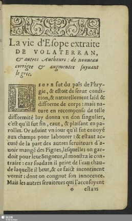 La vie d'Esope extraite De Volaterran, & autres Autheurs
