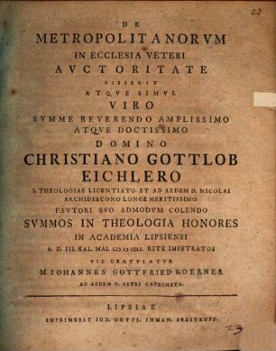 De metropolitanorum in ecclesia veteri auctoritate disserit