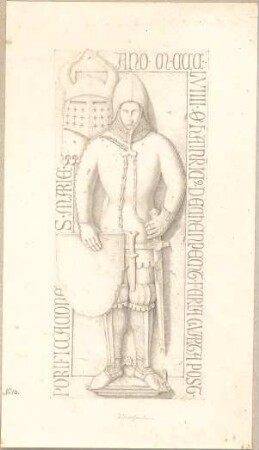 Hoffstadt, Friedrich; Mappe: Grabmonumente - Ritter in Rüstung mit Schild, Dolch u. Schwert auf einem Piedestal stehend, Ascholtshausen (Ansicht)