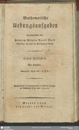 Mathematische Uebungsaufgaben : Erstes Bändchen. Mit Kupfern