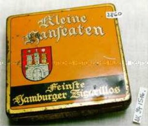 Blechdose für 20 Stück Zigarillos "Kleine Hanseaten Feinste Hamburger Zigarillos" (Abbildung: Hamburger Wappen)