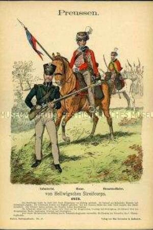 Uniformdarstellung, Infanterist, Husar und Offizier der Husaren des Hellwigschen Streifkorps, Königreich Preußen, 1813.