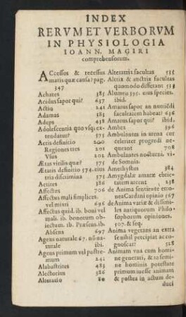 Index Rerum Et Verborum In Physiologia Ioann. Magiri comprehensorum.