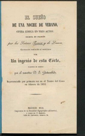 El sueño de una noche de verano : ópera cómica en tres actos