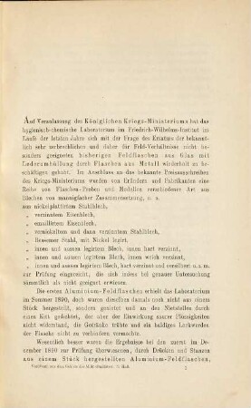 Ueber Feldflaschen und Kochgeschirre aus Aluminium; bearbeitet von Dr. Plagge und Georg Lebbin : [Aus dem hygienisch-chemischen Laboratorium im Königlichen Friedrich-Wilhelms-Institut zu Berlin.] (Veröffentlichungen aus dem Gebiete des Militär-Sanitätswesens. Hft. 3.)
