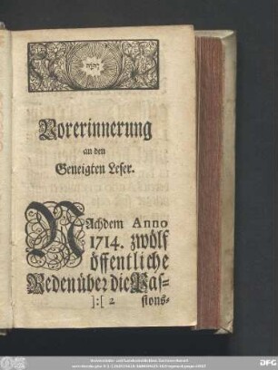 Vorerinnerung an den Geneigten Leser.
