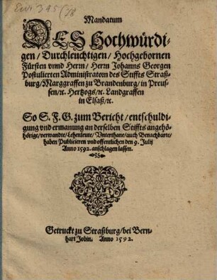 Mandat des Johann's Georgen ... Administratorn des Stiffts Straßburg ...