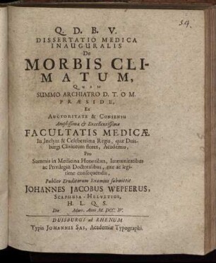 Dissertatio Medica Inauguralis De Morbis Climatum